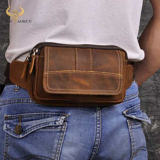 CONTACT'S 100% Crazy Horse Leather Waist Packs Travel Fanny Pack